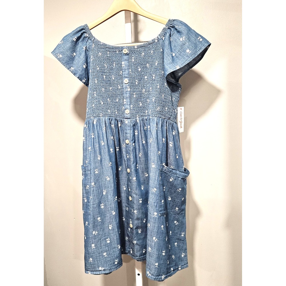 NWT Girl's 16/18 (XXL) Chambray Dress w/Floral Design Smocked Bodice Cat & Jack